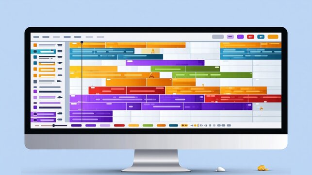 Modern computer monitor displaying a vibrant colorful video editing software timeline interface with professional editing tools on a light background