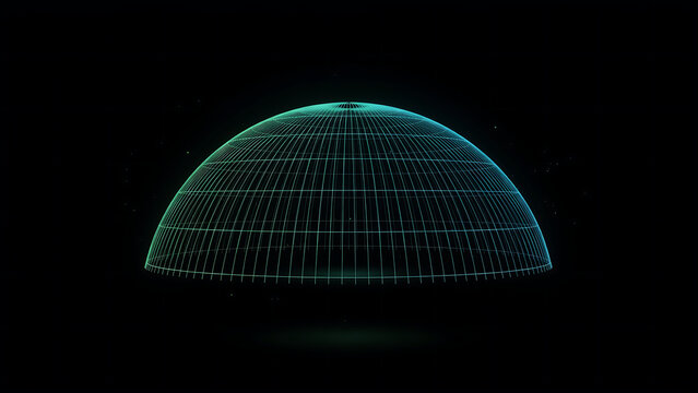 A glowing cyan wireframe hemisphere grid structure floating in a dark space, representing a futuristic digital dome, protective force field, or scientific data visualization concept for technology
