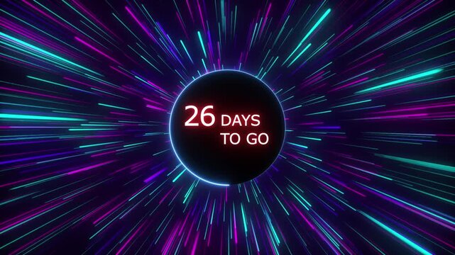 Neon 26 days to go animation. Neon counting number animation 26 days to go. line glowing on a black background. and creating a stunning 4k video.
