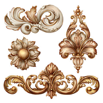 Gold ornate decorative baroque elements set isolated on transparent background