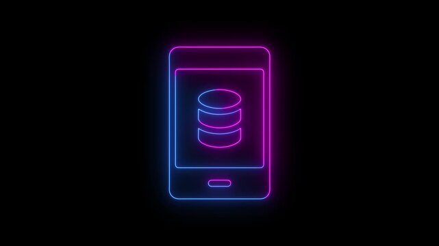 Neon smartphone icon with database symbol glowing in pink and blue colors on dark background