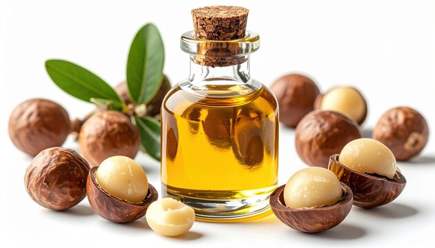 Glass bottle of macadamia nut oil with whole macadamia nuts, isolated on white background, premium ingredient photography