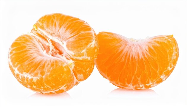 Two peeled mandarin segments isolated on white background