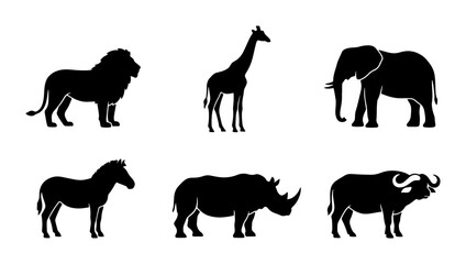 Fototapeta premium African Safari Wildlife Silhouettes, Majestic Lion, Giraffe, Elephant, Zebra, Rhino, Buffalo Icons