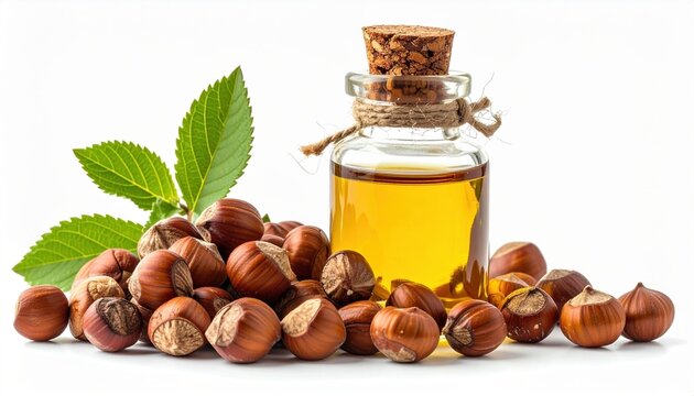 Bottle of hazelnut oil with roasted hazelnuts isolated on white background