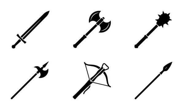 Medieval Weapon Icons Set: Sword, Axe, Mace, Halberd, Crossbow, Spear Vector Graphics