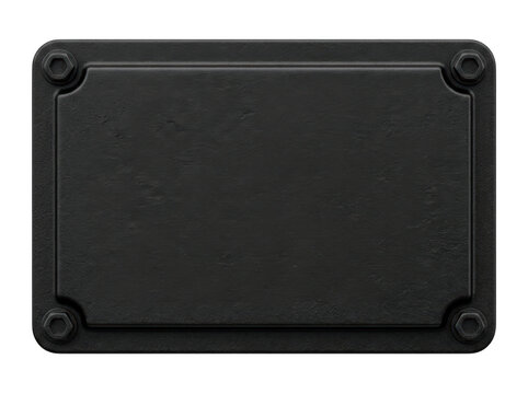 Black rectangular electronic device with four corner mounting points on transparent background.