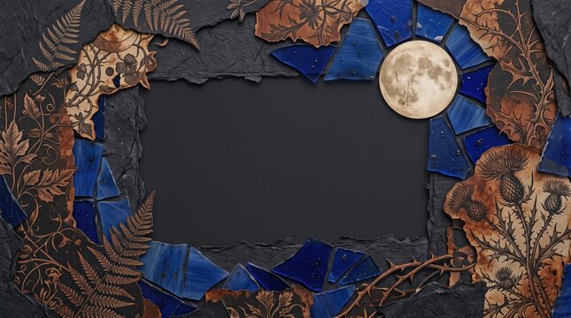 Decorative mosaic frame with moon over dark textured background