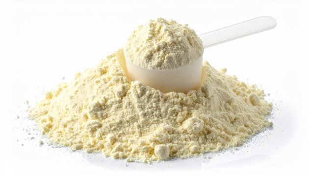 Heap of vanilla protein powder with measuring scoop, isolated on white background
