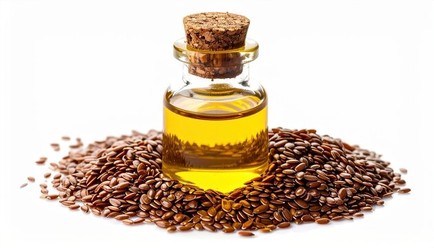 Bottle of flaxseed oil with flax seeds isolated on white background