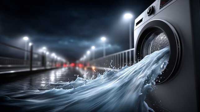 Washing machine releasing water on urban street at night