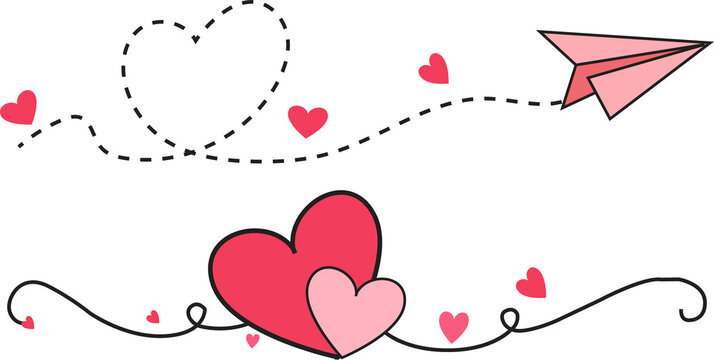 Pink paper airplane flying with hand drawn hearts and dashed lines