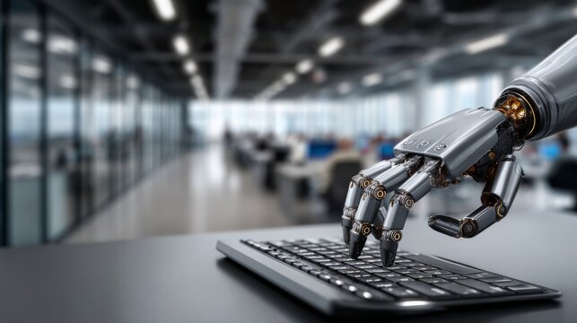 A futuristic robotic hand engages with a keyboard in a sleek office, illustrating advancements in automation and AI