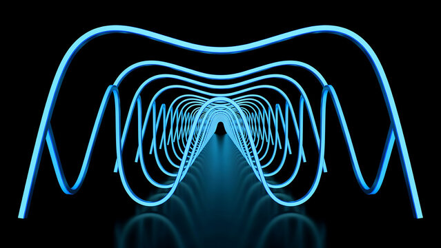 Abstract tunnel of glowing blue neon sine waves, creating a rhythmic and repetitive pattern that recedes into a dark void, symbolizing sound waves, frequency, and futuristic digital motion