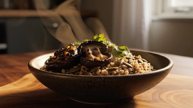Charred woodland mushrooms crown a warm whole grain bowl with toasted pumpkin seeds and fresh herbs, as delicate vapor curls through amber window light across a rustic plant-forward supper scene.