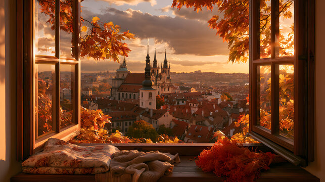 Autumn European old town view through open window