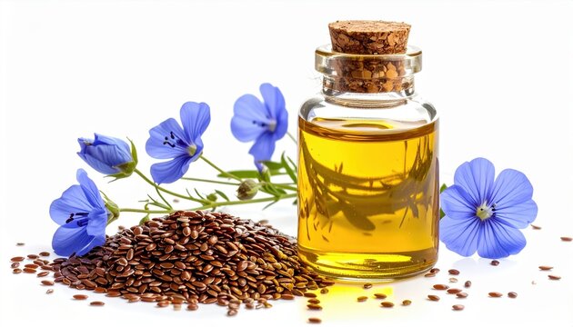 Bottle of linseed oil with flax seeds, isolated on white background
