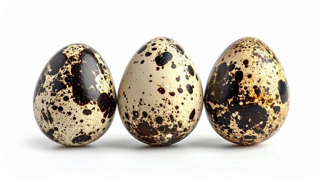 Three quail eggs isolated on white background, natural shell texture, studio lighting
