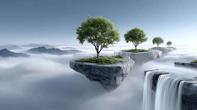 Misty floating islands with trees and waterfalls create a surreal landscape experience
