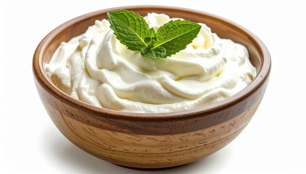 Bowl of creamy Greek yogurt, isolated on white