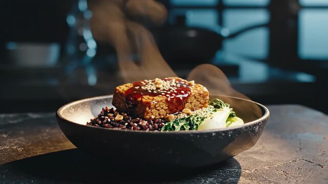 Lacquered tempeh with sesame crowns black rice and tender bok choy, releasing graceful vapor into cool blue kitchen shadows while warm highlights shape a polished plant-based restaurant plate.