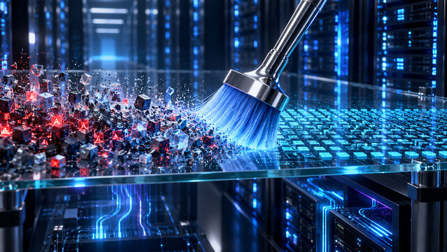 Cleaning digital data with a brush in server room