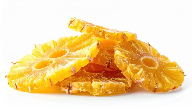 Freeze-dried pineapple slices isolated on white background, healthy snack concept