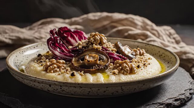 Creamy root vegetable puree carries roasted mushrooms, bitter radicchio, walnuts and savory crumble, while wisps of vapor rise through low warm light over an artful plant-based supper plate.