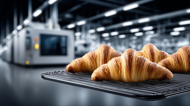 Freshly baked croissants on a cooling rack in a bakery environment with a production line
