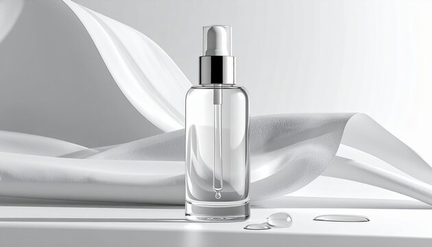 Transparent cosmetic bottle isolated on white background, skincare packaging mockup with blank label, premium product render