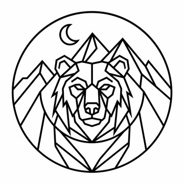 Geometric bear head and mountain landscape line art emblem vector illustration design