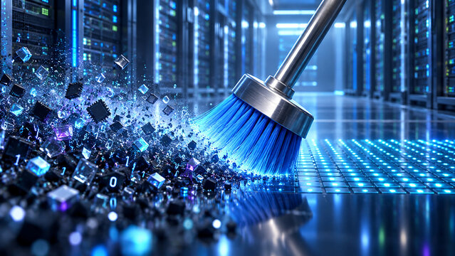 Broom cleaning digital data in server room