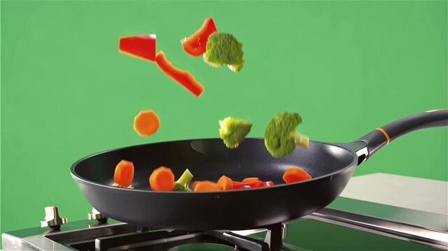 Frying Pan Tossing Vegetables Vector Animation Chroma Key Green Screen 5 Seconds Video
