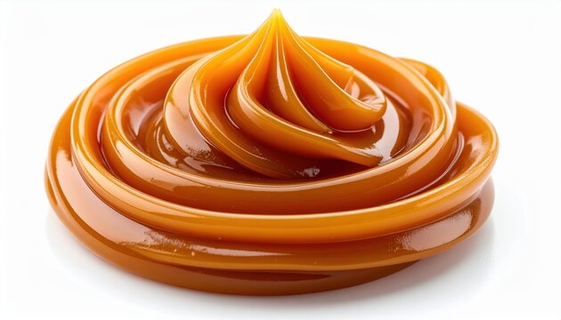 Smooth caramel sauce swirl with glossy texture, isolated on pure white background, ultra realistic food photography