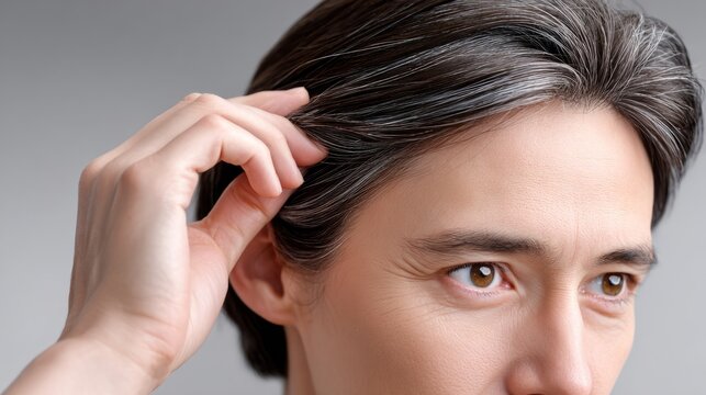 Individual examining hair closely with a focused expression in a neutral environment