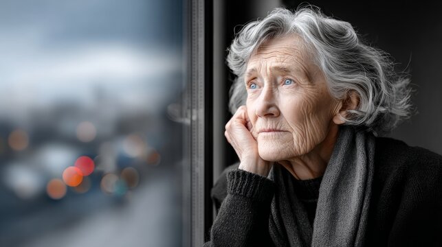 Elderly woman looks out the window deep in thought and reflection in urban setting