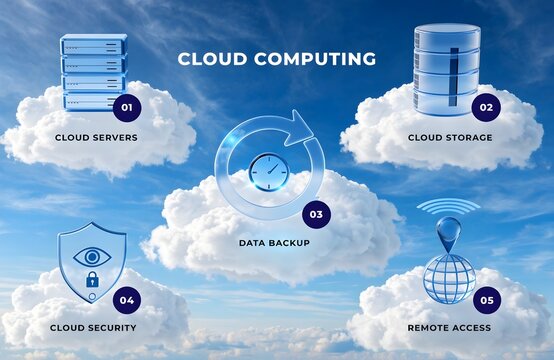 Cloud computing concept infographic with server and security icons on blue sky background