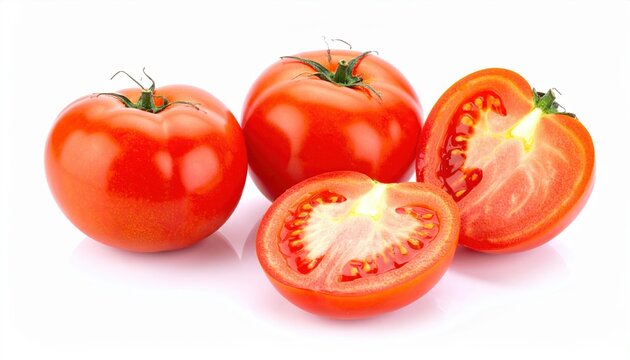 Whole and sliced tomatoes isolated on white background