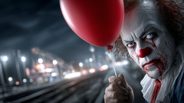 Clown stands on train tracks at night, gripping a red balloon, with blurry lights illuminating the scene