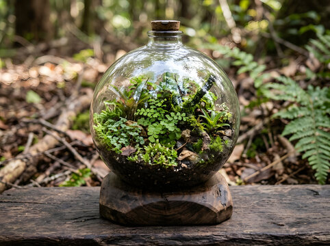 Lush moss terrarium in a corked glass orb with ferns and miniature mushrooms on a wooden base