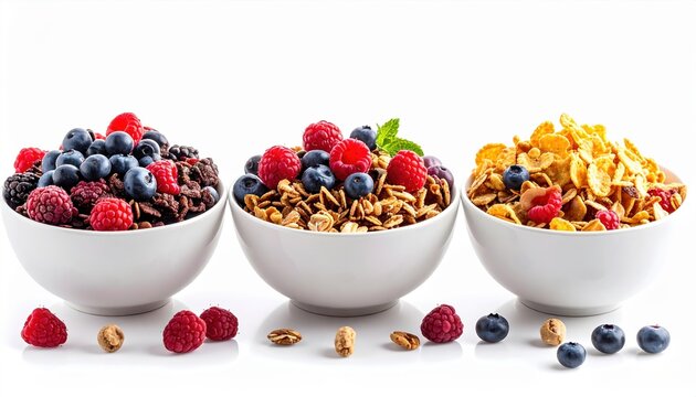 Bowls filled with assorted breakfast cereals isolated on white background