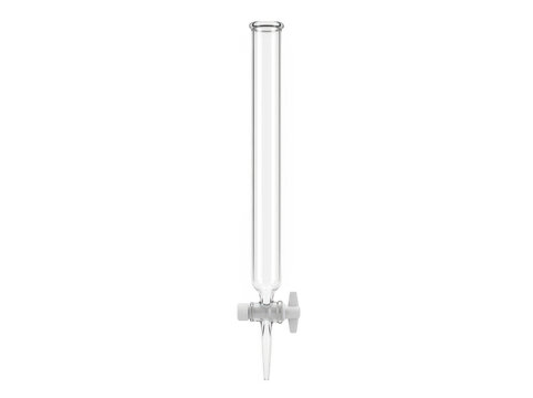 Vertical metallic rod with adjustable clamp mechanism and threaded ends against a plain background.