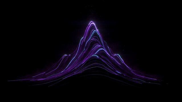 Abstract digital mountain peak formed by glowing purple and cyan light trails against a deep black background, representing data visualization, network connectivity, and futuristic energy flow