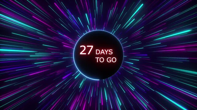 Neon 27 days to go animation. Neon counting number animation 27 days to go. line glowing on a black background. and creating a stunning 4k video.