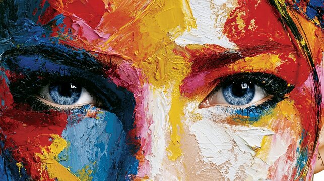 Vibrant human face covered in thick colorful oil paint texture featuring piercing blue eyes looking directly into the camera lens