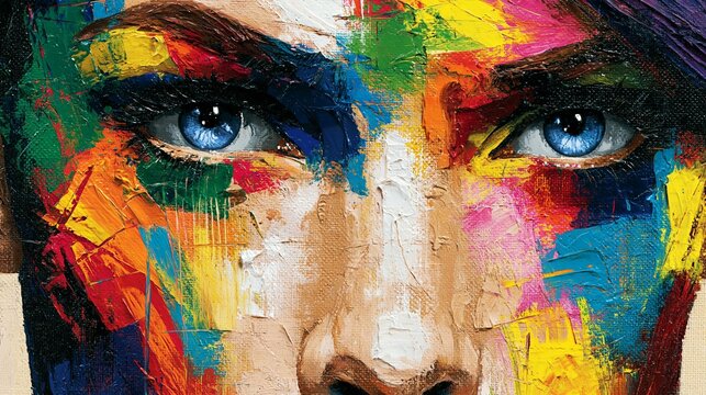 Vibrant close up portrait of human face featuring intense blue eyes surrounded by thick textured palette knife oil paint strokes