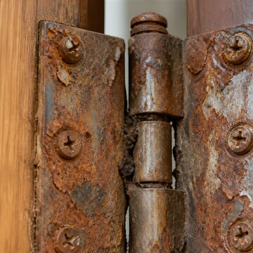 Rusted metal door hinge showing severe corrosion and decay on old wooden interior door