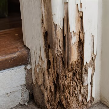 Termite damage destroying wooden door frame in residential house interior structure