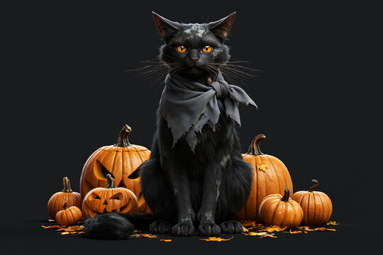 Black cat with zombie stitches sitting among carved jack-o-lanterns