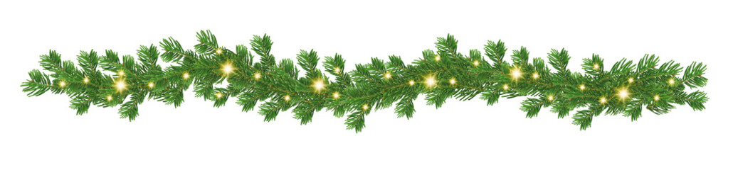 Horizontal Christmas garland with pine cones, fir branches, holly berries, glowing lights, and...